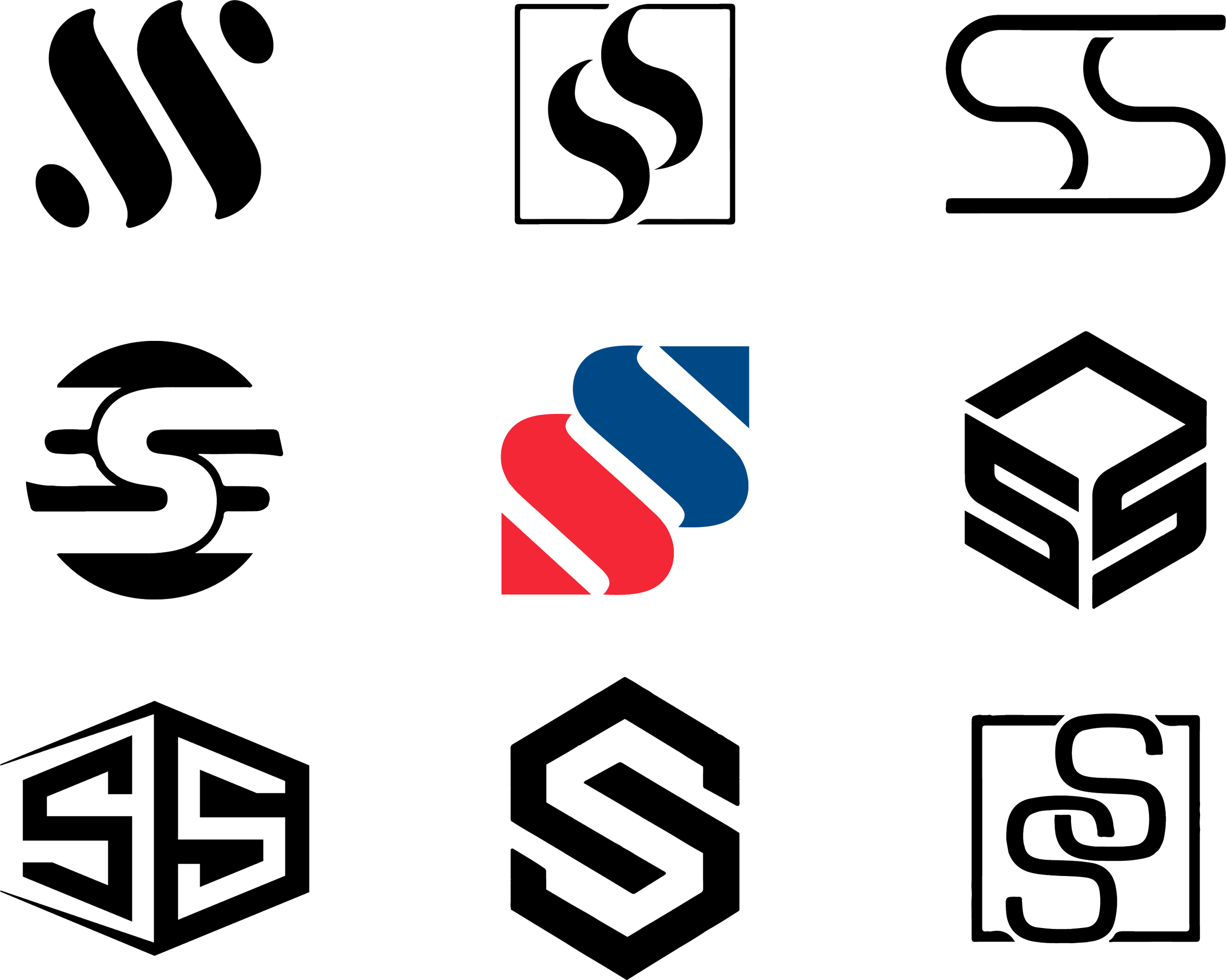 A central logo with a stylized S in red and blue, surrounded by nine other abstract logos in outline style, arranged in a 3x3 grid on a black background.