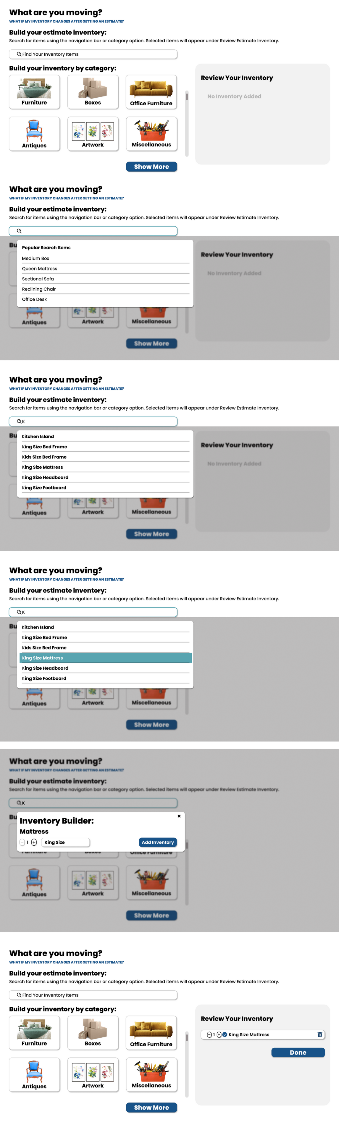 A screenshot of an online inventory management interface with categories like furniture, boxes, office furniture, antiques, artwork, and miscellaneous. It shows search bars, dropdown menus for popular items, and a review section displaying added items such as a king size mattress.
