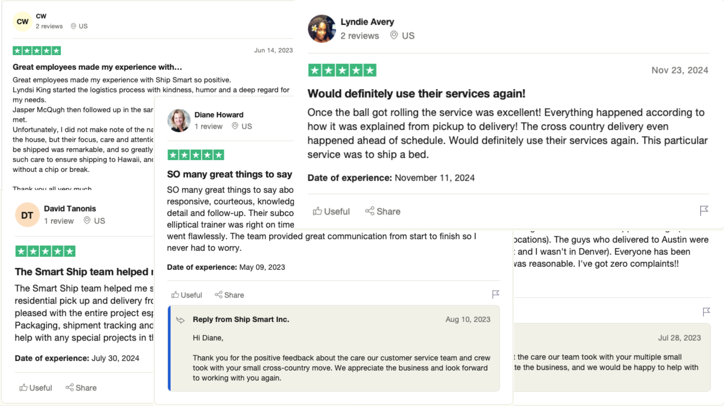 Collection of customer reviews about a shipping or logistics service, with star ratings, dates, and reply comments, including positive feedback about service quality and communication.