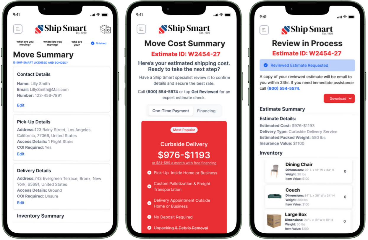 Screenshots of the Ship Smart mobile app showing the move process. The first screen displays contact, pickup, and delivery details, along with an inventory summary. The second screen shows a move cost estimate of $976 to $1193 for curbside delivery. The third screen reviews the estimate with a status update, estimated costs, inventory details, and a download button.