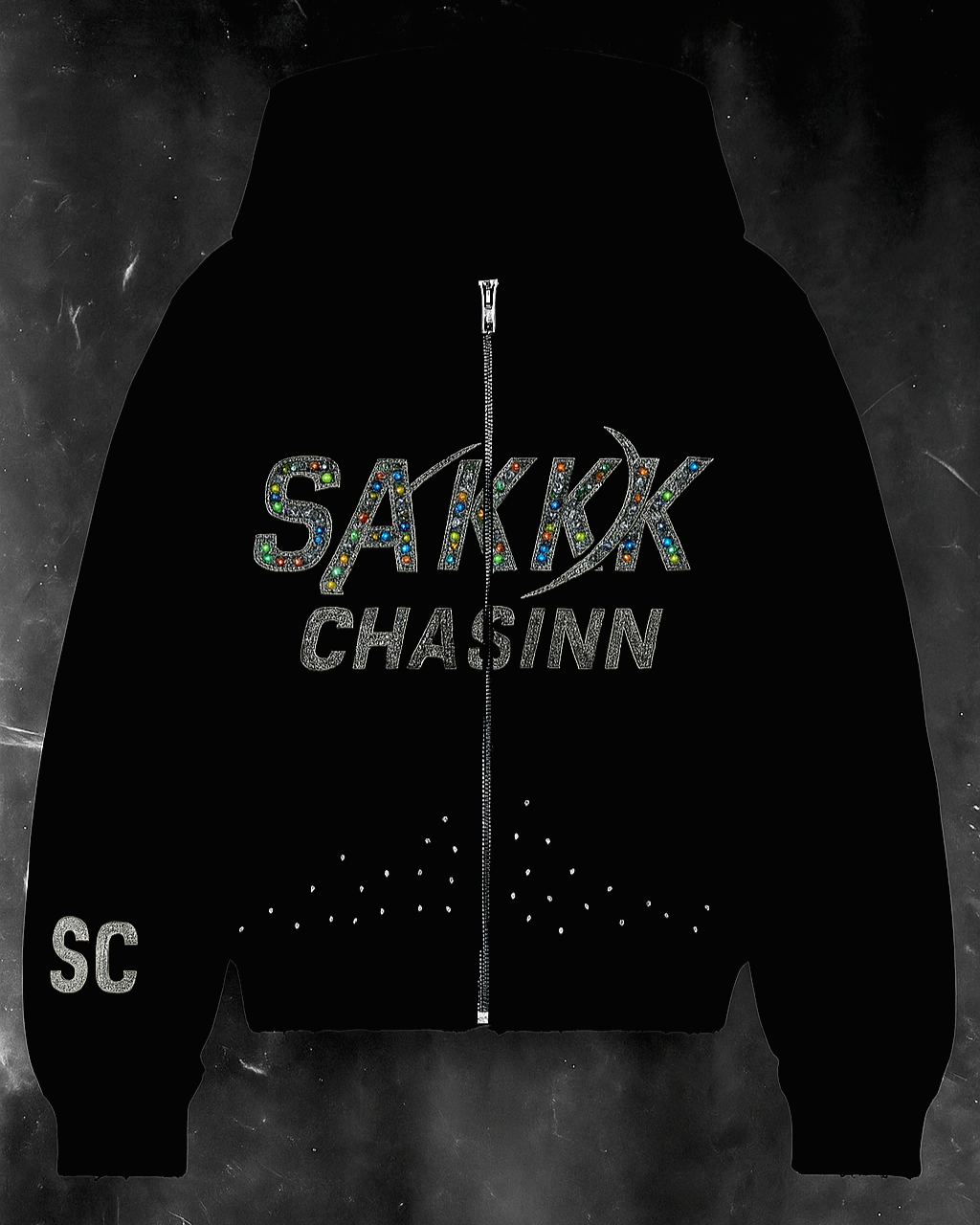 Black hoodie with a zipper, decorated with the words 'SAKK' and 'CHASINN' in rhinestones, and the letters 'SC' on the sleeve.