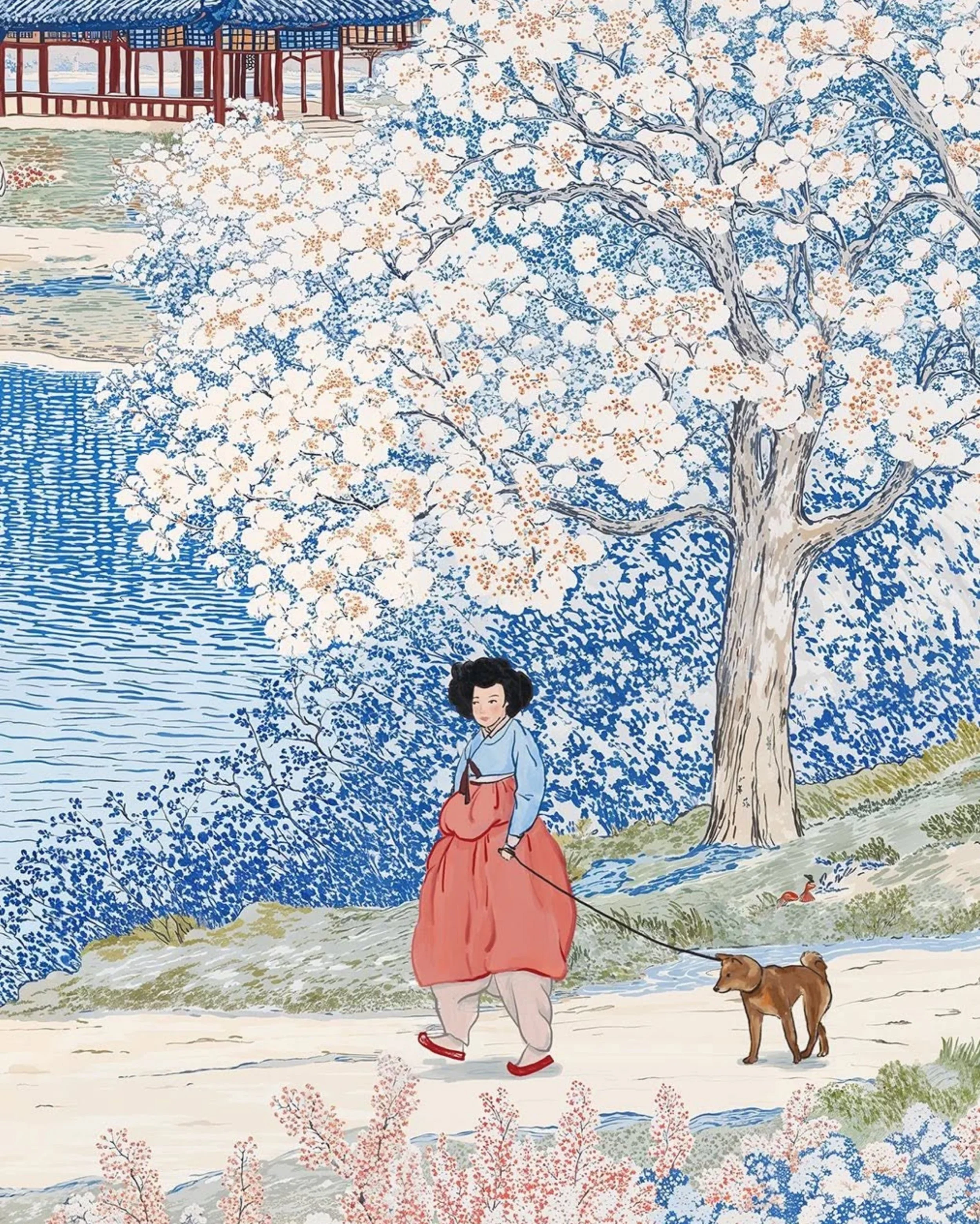 Beauty, remembered.

In this detail from Fantasy of Seokchon Lake, a familiar landscape becomes something gently imagined, a figure moving beneath blossoms, a small companion beside her, and a place held somewhere between memory and dream.

There is 