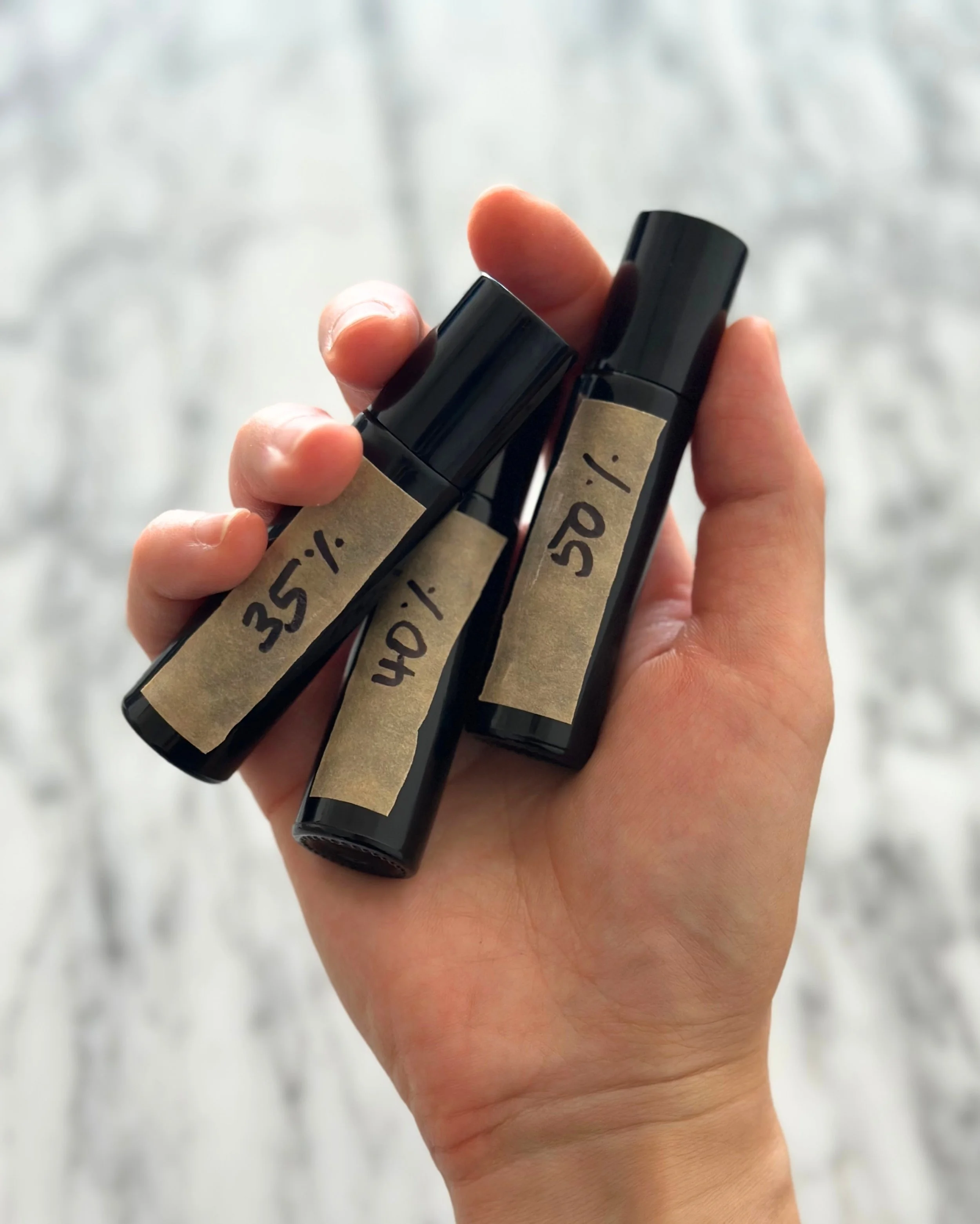 Before the final formula, there were many iterations.

Each of these final three test batches was created to explore a slightly different balance &mdash; how the formula responds across varying weather and temperatures, the glide on application, and 
