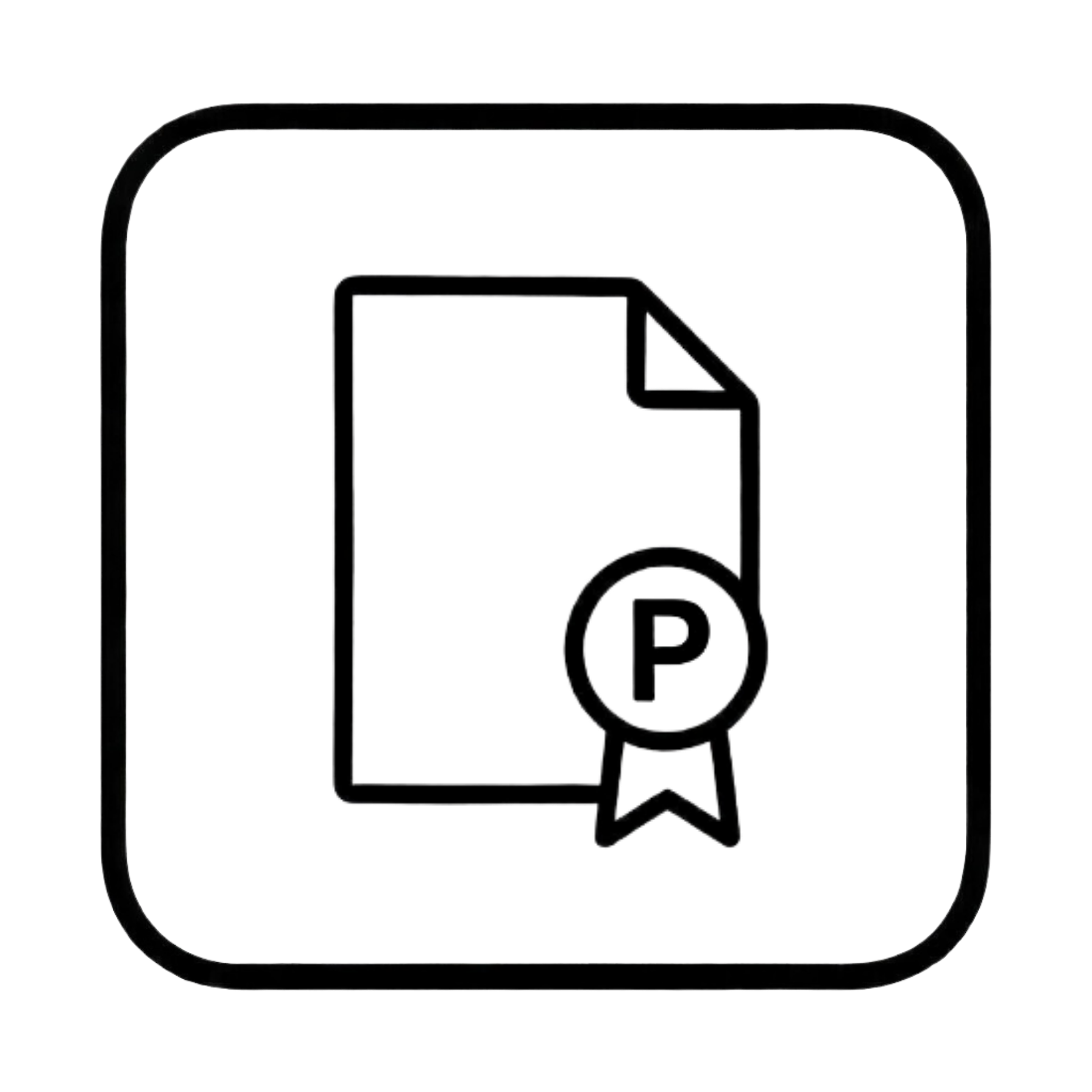 Black and white illustration of a tablet or smartphone displaying an award or certificate with a ribbon and the letter 'P' inside a circle.