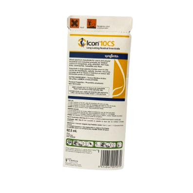 Back of a medication box for Icon 10CS, containing 62.5 ml of long-lasting residual insecticide.