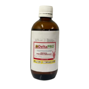 A brown glass bottle labeled DeltaPRO, containing a liquid pesticide or herbicide, with a white cap.