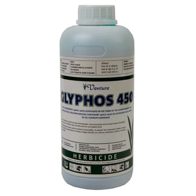 A white plastic bottle of herbicide labeled Glyphos 450 from Venture, containing glyphosate herbicide with a white cap and black, blue, and green text and details.