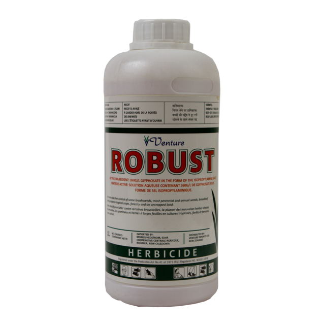 A white plastic bottle of herbicide named 'Venture Robust' with a label that includes red and black text, and icons indicating proper usage and safety precautions.
