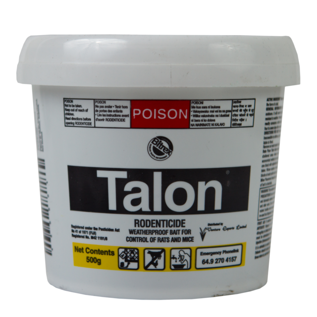 A plastic container of Talon Rodenticide with a red "Poison" warning label on the top and yellow label indicating 500 grams of rat and mouse bait.