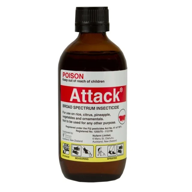 A brown bottle labeled 'Attack' with a warning sign, poison warning, and instructions for storage, measuring, and spraying.