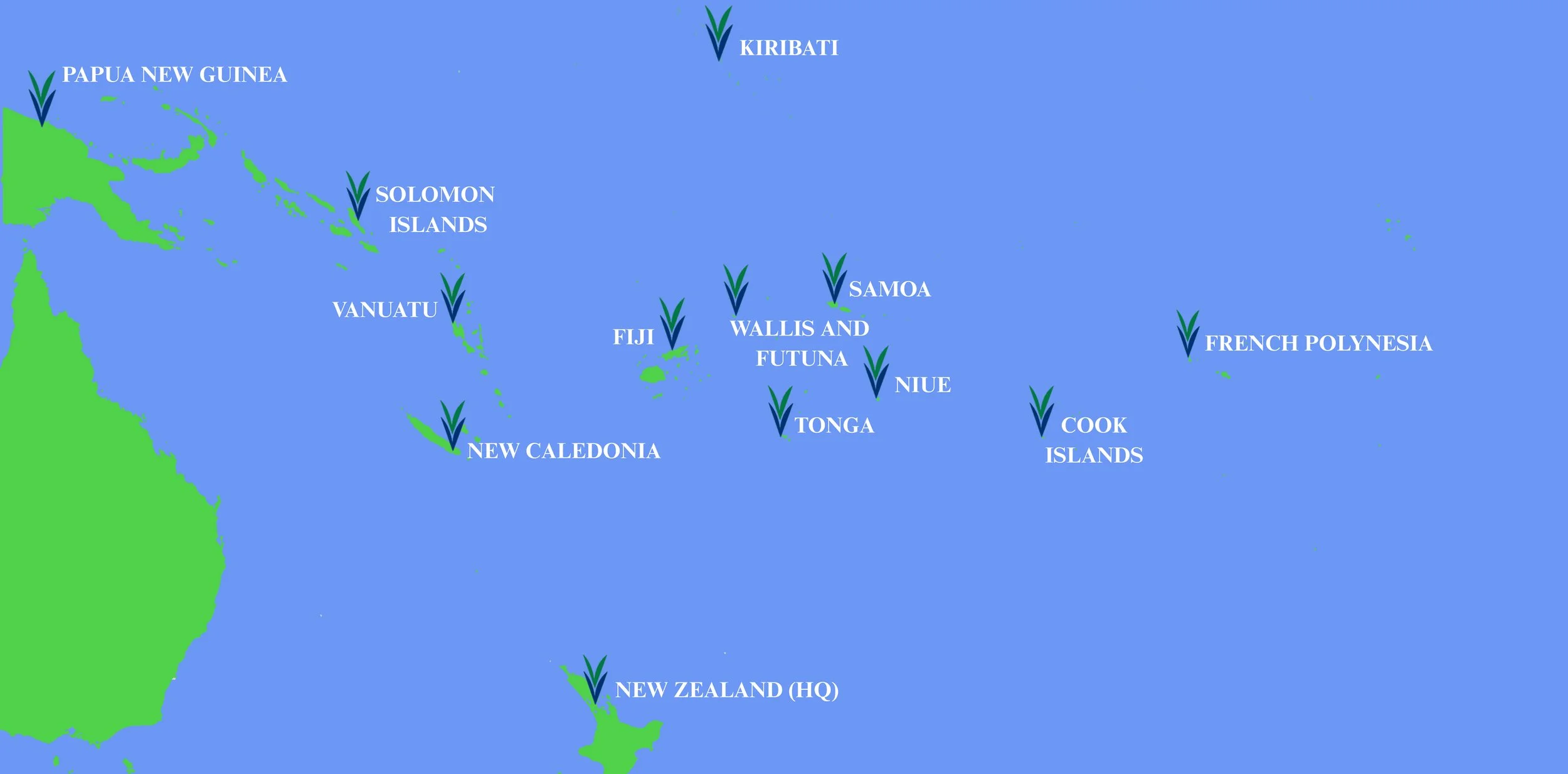 Map of the South Pacific showing island countries and territories with their names, including Papua New Guinea, Solomon Islands, Vanuatu, New Caledonia, Fiji, Wallis and Futuna, Samoa, Niue, Tonga, Cook Islands, French Polynesia, and New Zealand (HQ).