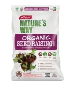 Package of Nature's Way organic seed raising mix with a purple and green design and an image of seedlings.