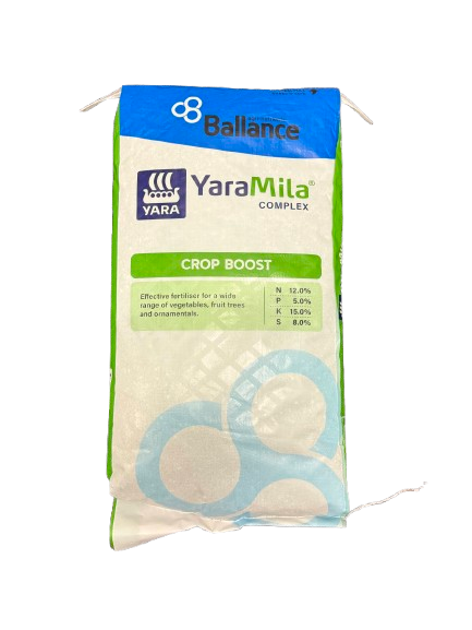 Bag of YaraMila Crop Boost fertilizer with green and blue packaging.