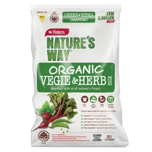Package of Yates Nature's Way Organic Veggie & Herb mix with illustrations of vegetables and herbs on white background.