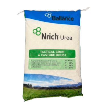 Bag of Ballance Nrich Urea fertilizer with green and blue labels, featuring a landscape image and text about crop and pasture boost.