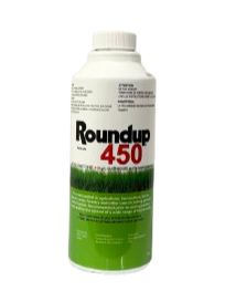 A white bottle of Roundup 450 weed killer with a green label and a white cap.