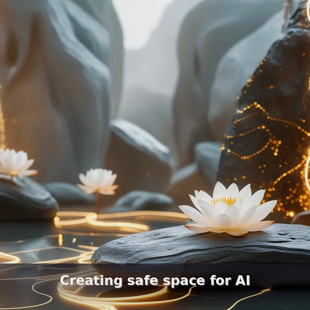 Abstract cream and deep indigo shapes with subtle circuitry-inspired lines symbolizing ethical technology, psychological safety, and human-centered AI — hero image for the Creating Safe Space for AI workshop.