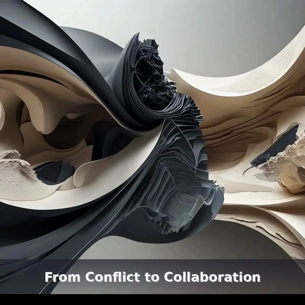 Abstract intersecting charcoal and cream forms with subtle gold fracture lines symbolizing tension transforming into connection — hero image for the From Conflict to Collaboration workshop.