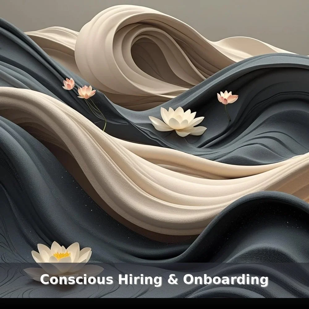 Abstract layered cream and indigo shapes symbolizing alignment, clarity, and intentional hiring — hero image for the Conscious Hiring & Onboarding workshop.