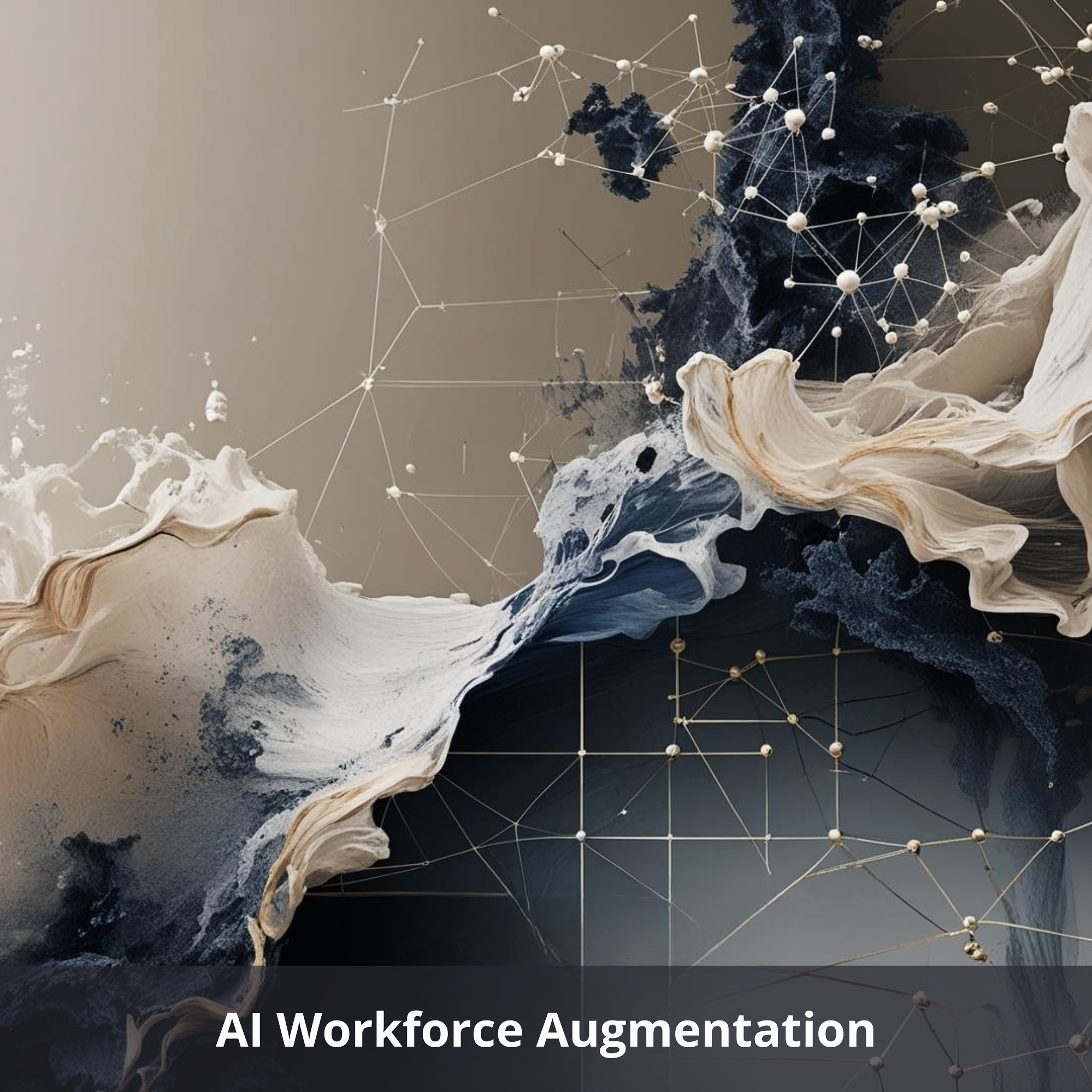 Abstract indigo and cream geometric shapes with subtle digital lines symbolizing AI-enabled workflows, ethical augmentation, and future-ready HR teams — hero image for the Leading With AI workshop.