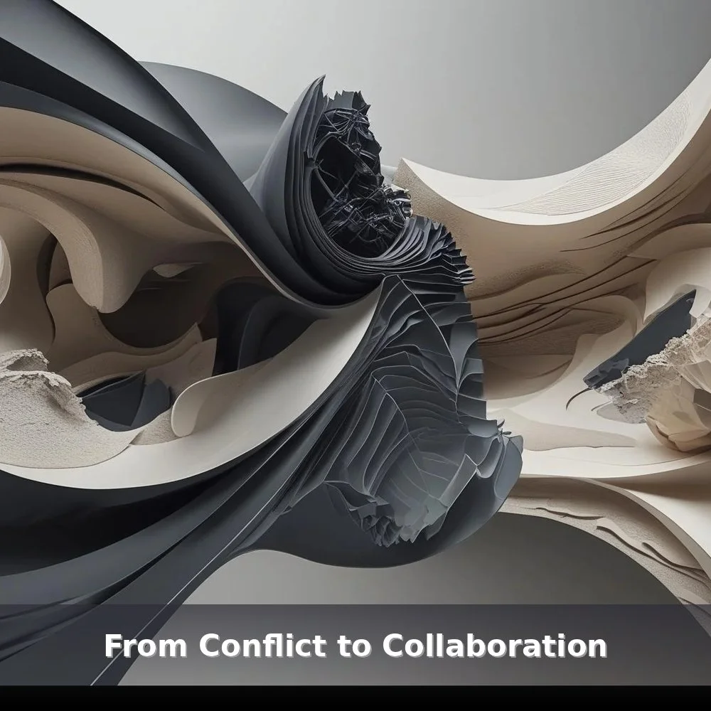 Abstract intersecting charcoal and cream forms with subtle gold fracture lines symbolizing tension transforming into connection — hero image for the From Conflict to Collaboration workshop.