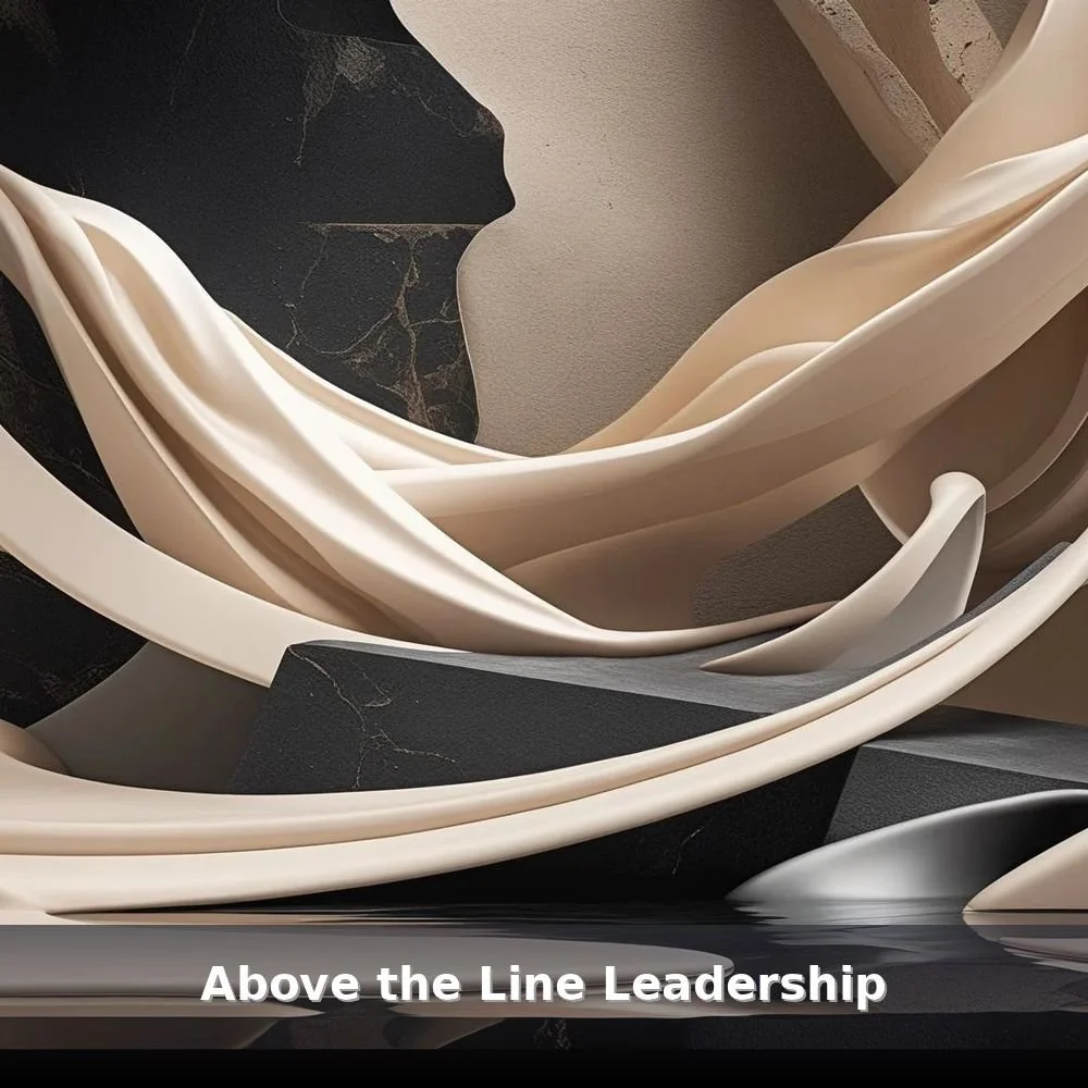 Abstract upward-flowing cream and indigo shapes with soft light gradients representing clarity, emotional regulation, and above-the-line leadership — hero image for the Above the Line workshop.