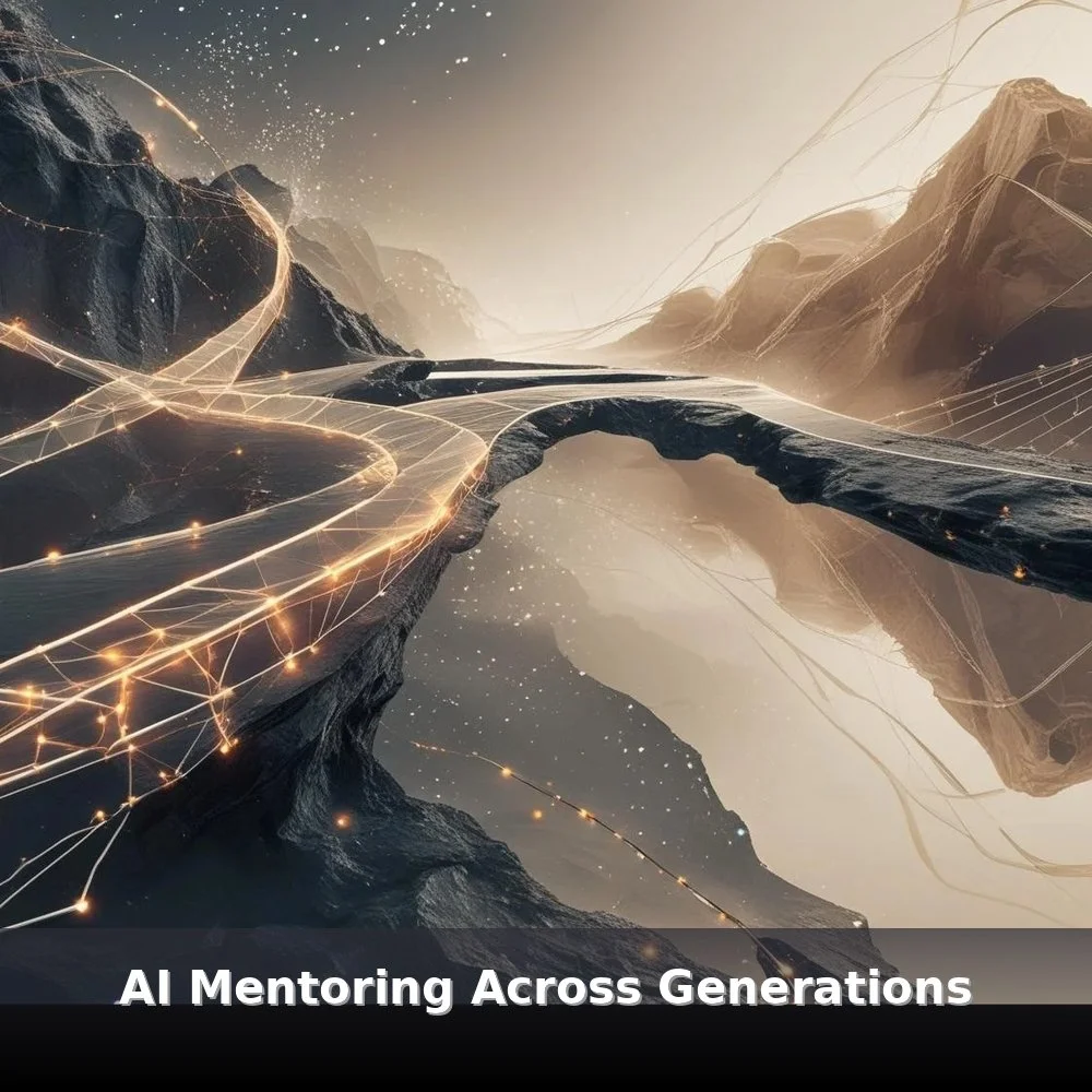 Abstract layered cream and indigo shapes with gentle connective lines symbolizing cross-generational learning, digital mentoring, and inclusive AI collaboration — hero image for the AI Mentoring Across Generations workshop.