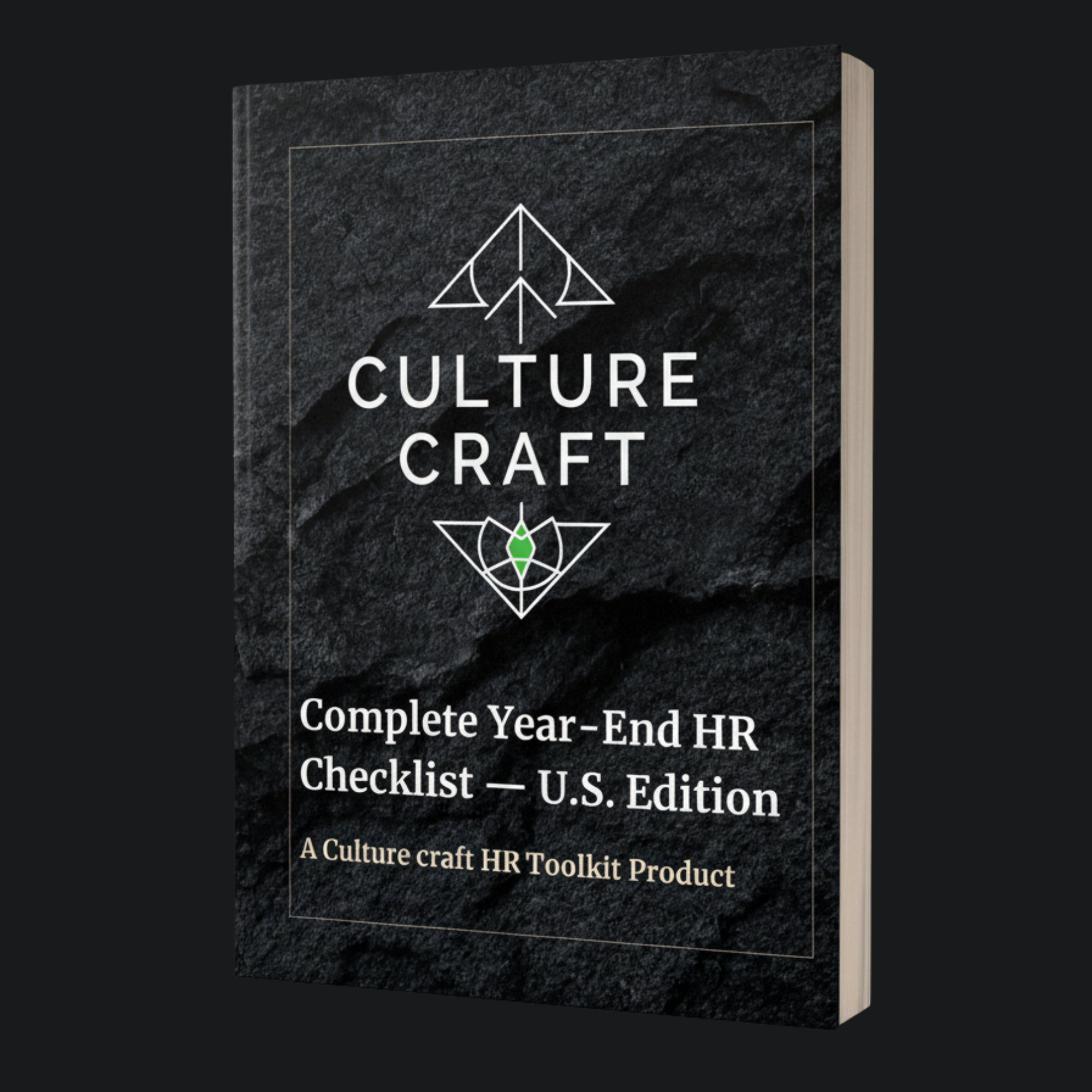 A black book cover titled "Culture Craft" with geometric designs of an arrow and a beetle, and subtitle "Complete Year-End HR Checklist - U.S. Edition" and description "A Culture Craft HR Toolkit Product."