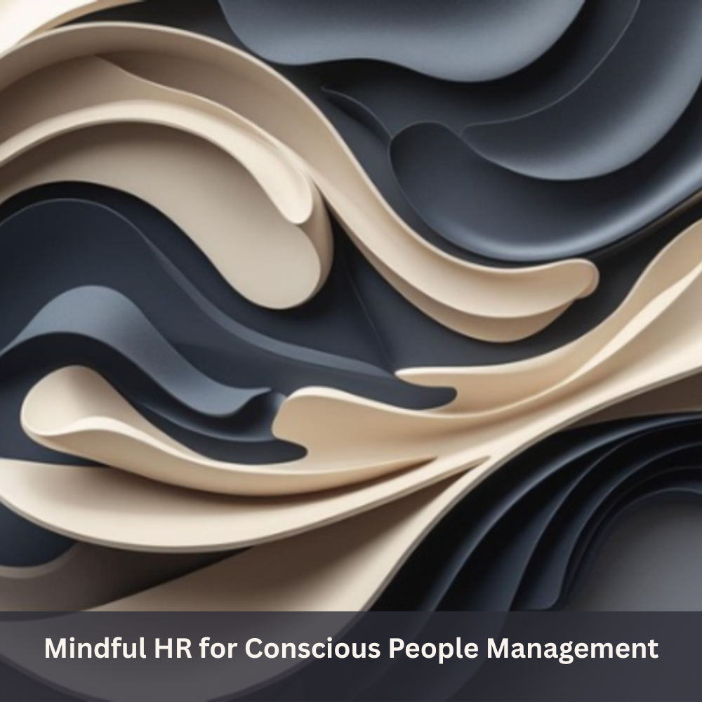 Abstract cream and taupe shapes with soft indigo accents symbolizing presence, emotional intelligence, and mindful people management — hero image for the Mindful HR: 50 Prompts product.
