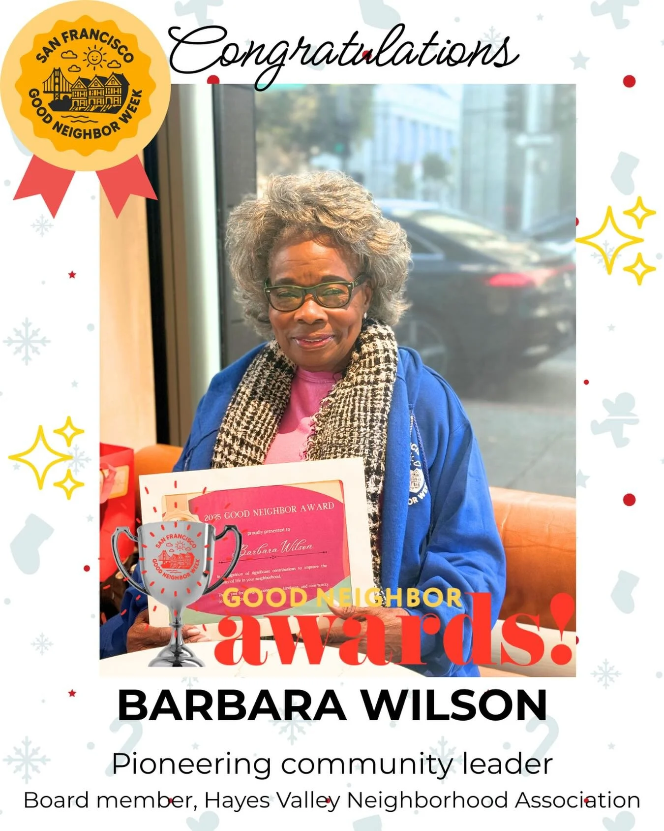 An honor to meet Barbara Wilson in person today and give her her 2025 SF Good Neighbor Award. Barbara was nominated for her leadership on @hvnasf, as well as her long history of community involvement in San Francisco. She is a driving force at @btwcs