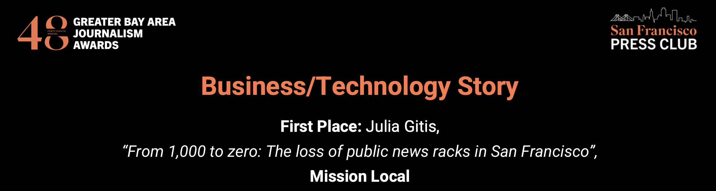 First place at the Greater Bay Area Journalism Awards!