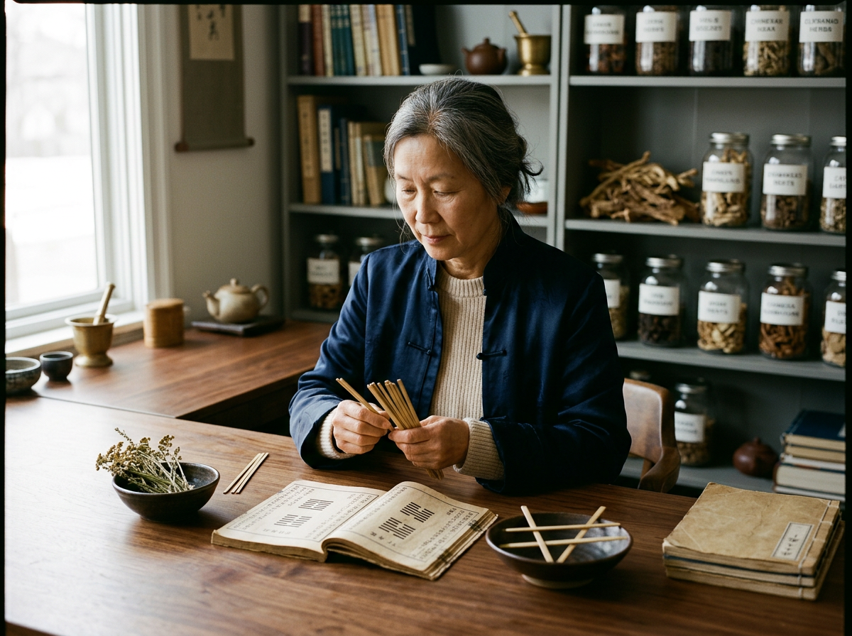 An elderly woman with gray hair, wearing a navy blue jacket and beige sweater, is sitting at a wooden table in a room filled with jars of herbs and books. She is holding and examining a bundle of dried sticks, possibly herbs or kindling. On the table, there are more dried herbs in a bowl, a few loose sticks, an open book with text, and a stack of paper or notebooks.