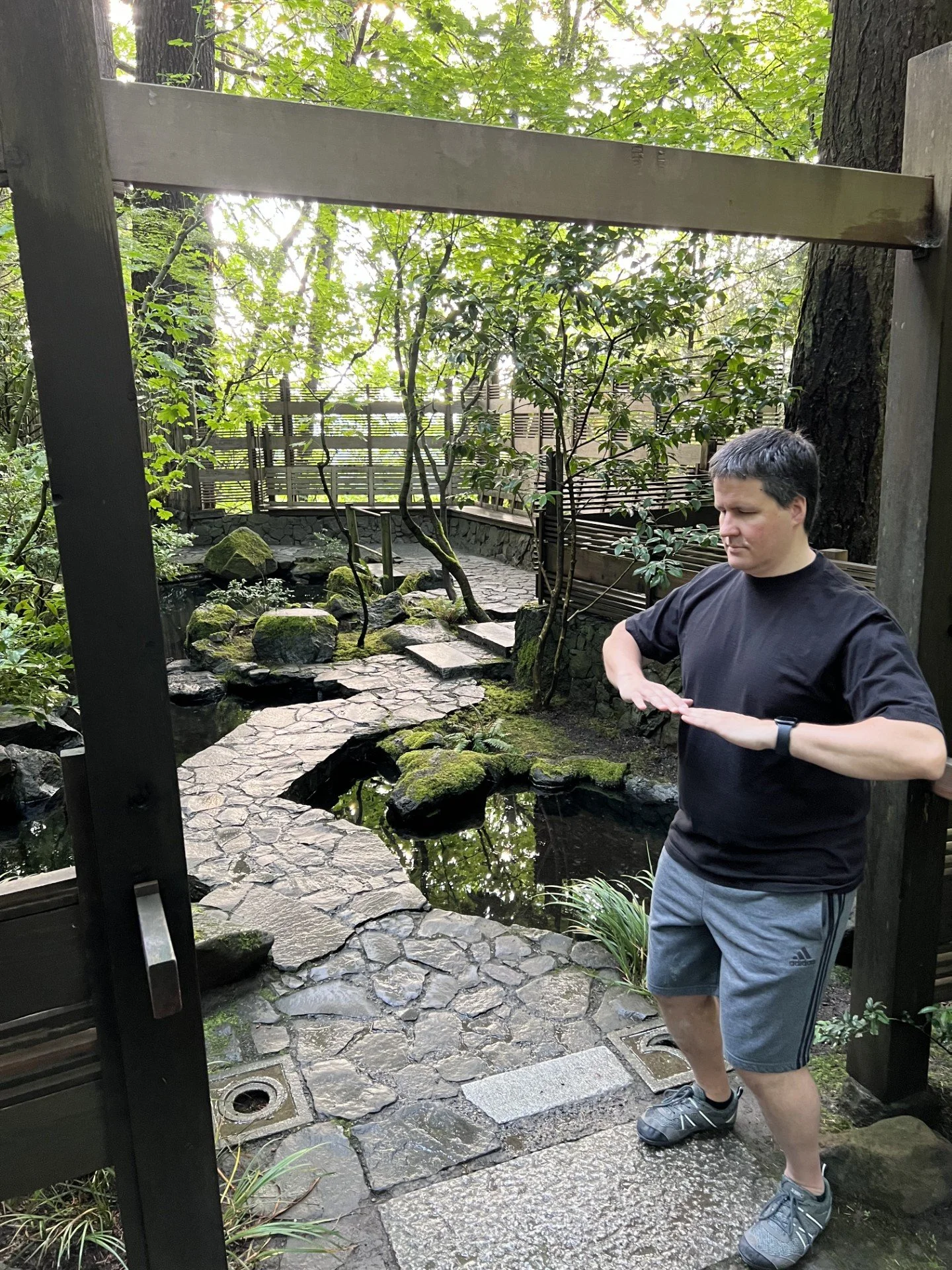 A man in a black t-shirt and gray shorts standing on a stone pathway in a lush garden with trees, rocks, and a small pond.