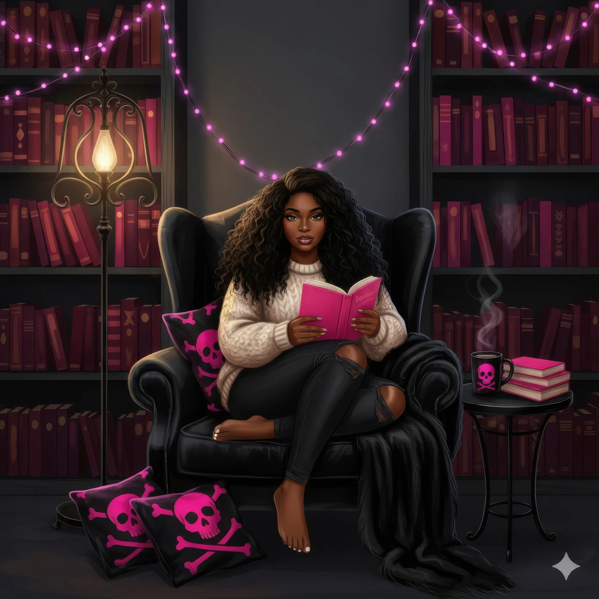 A young woman with curly black hair sits in a black leather armchair in a cozy room with dark walls and bookshelves filled with pink books. She is reading a pink book and wears a cream sweater and ripped black jeans. Pink skull and crossbones pillows are on the floor and a pillow behind her. There is a coffee mug with a pink skull on a side table, adjacent to a stack of pink books. Pink string lights and a vintage lamp illuminate the scene, creating a warm mood.