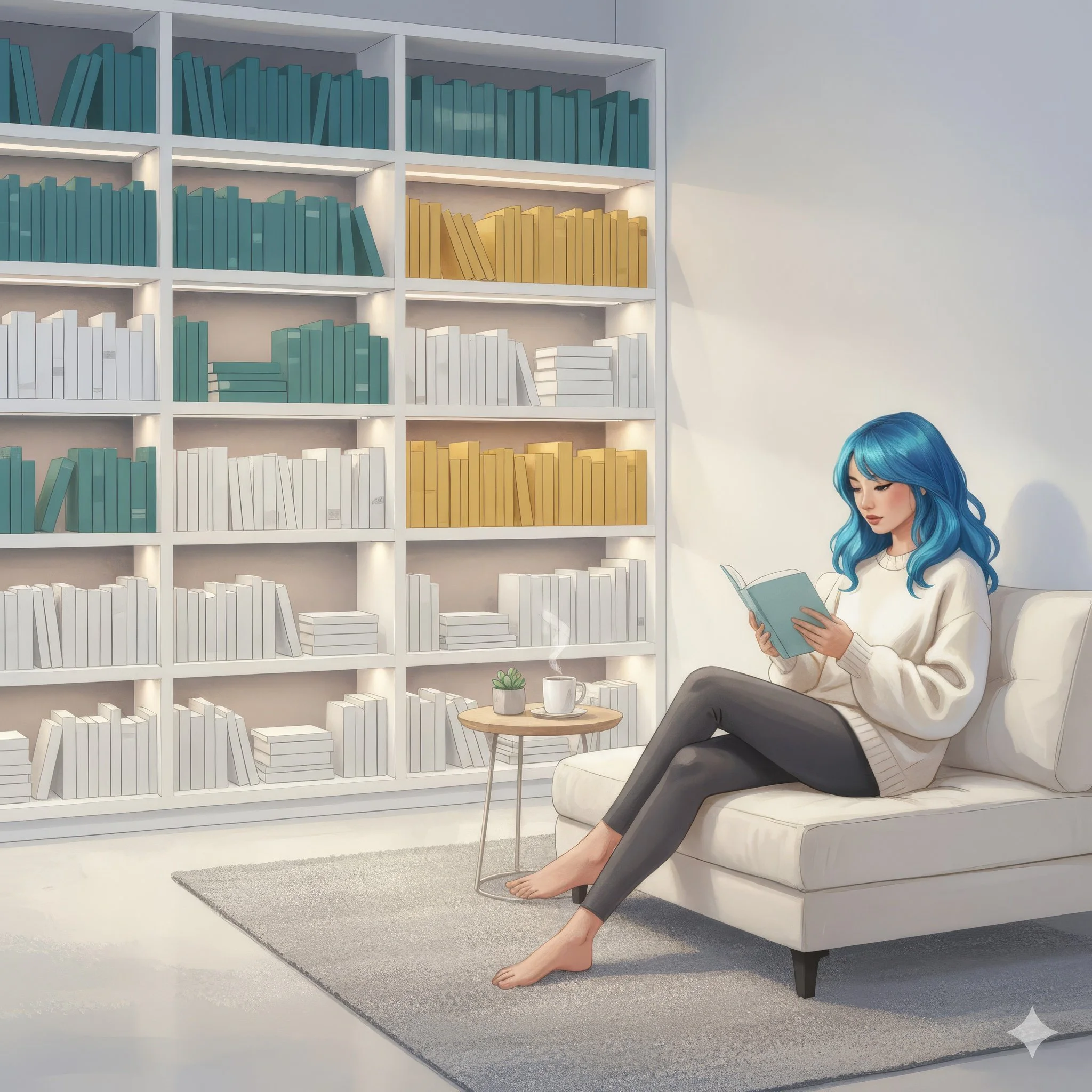 A woman with blue hair sits on a white sofa reading a book in a modern living room with a bookshelf filled with teal, white, and yellow books. There is a small round table with a potted plant, a steaming cup, and a saucer. The room has a gray rug and a white wall.
