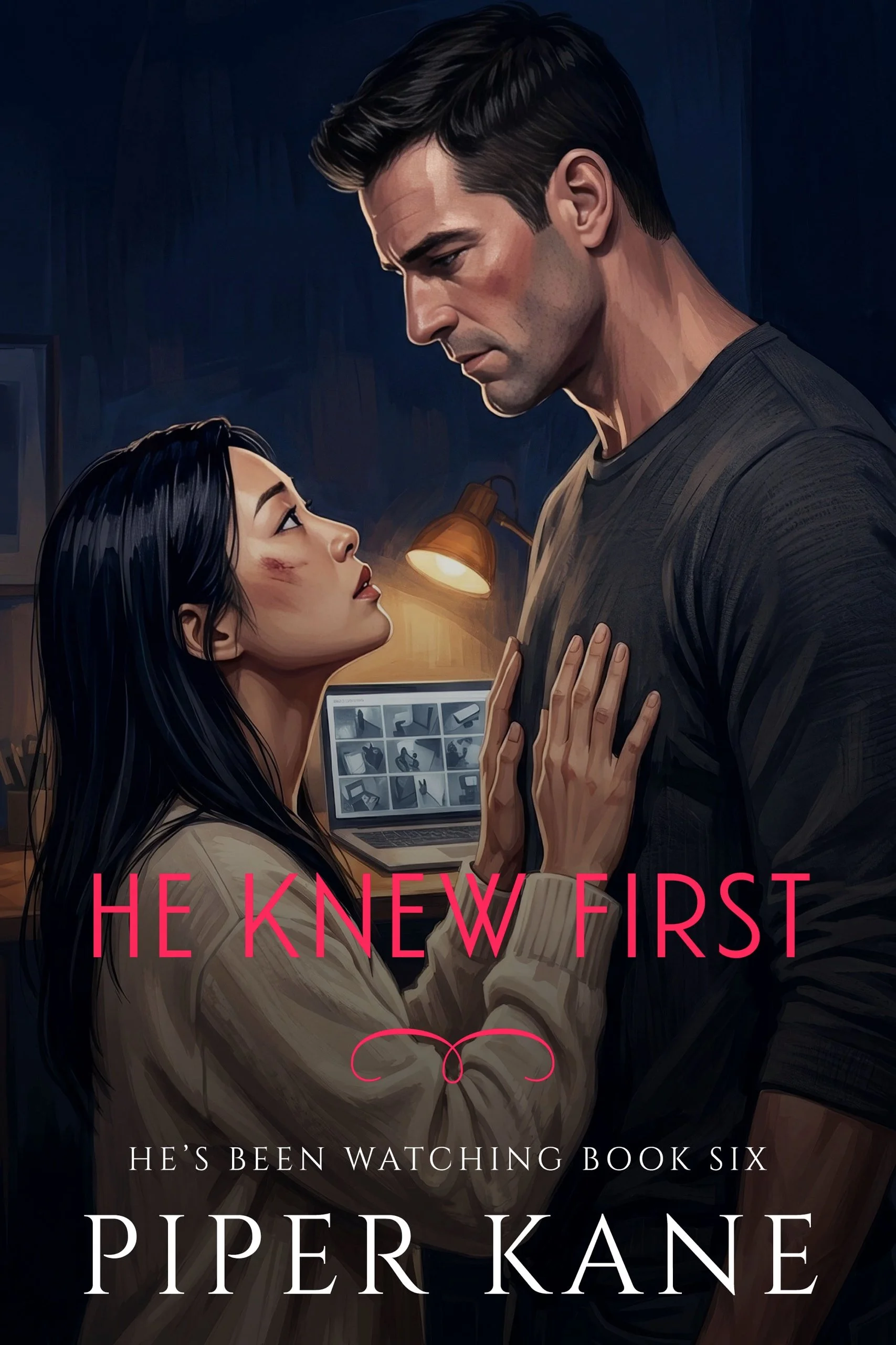 Book cover for He Knew First by Piper Kane (He’s Been Watching series)