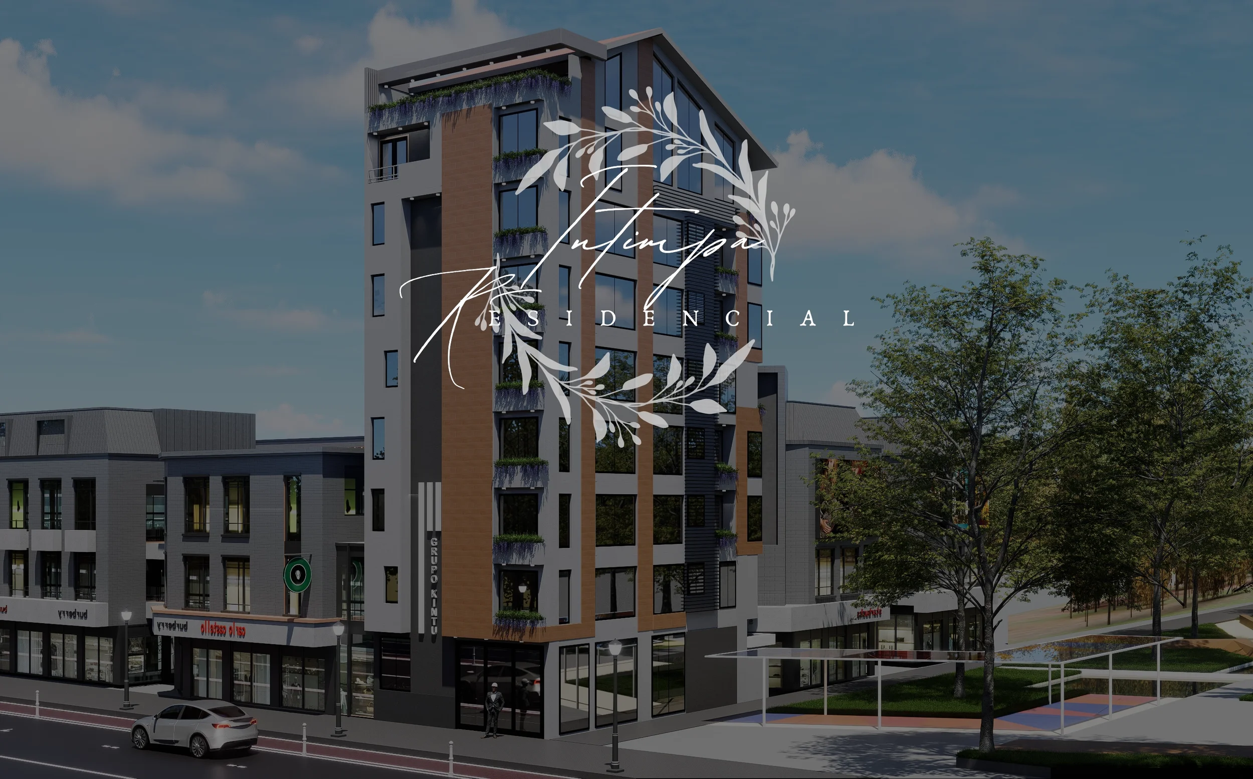 Vista de un edificio moderno con varios pisos, con fachadas de colores y ventanas grandes, en una calle con árboles y un auto en primer plano, y en el centro un logotipo que dice "Infinua Residencial" con un diseño de ramas y hojas.