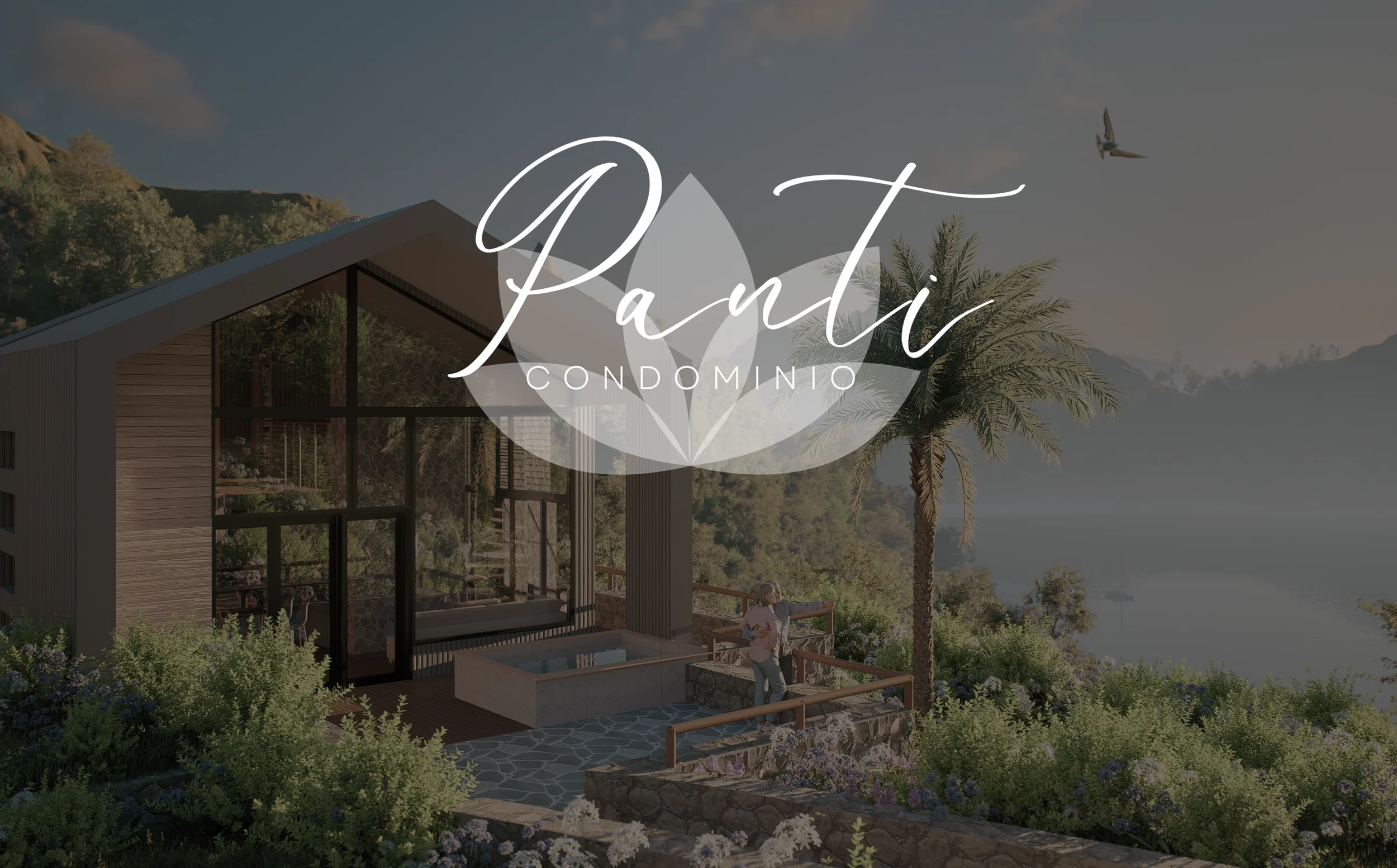 Vista de una casa moderna en un entorno natural con montañas, árboles y un lago, con el logo de 'Pandi Condominio' en el centro.