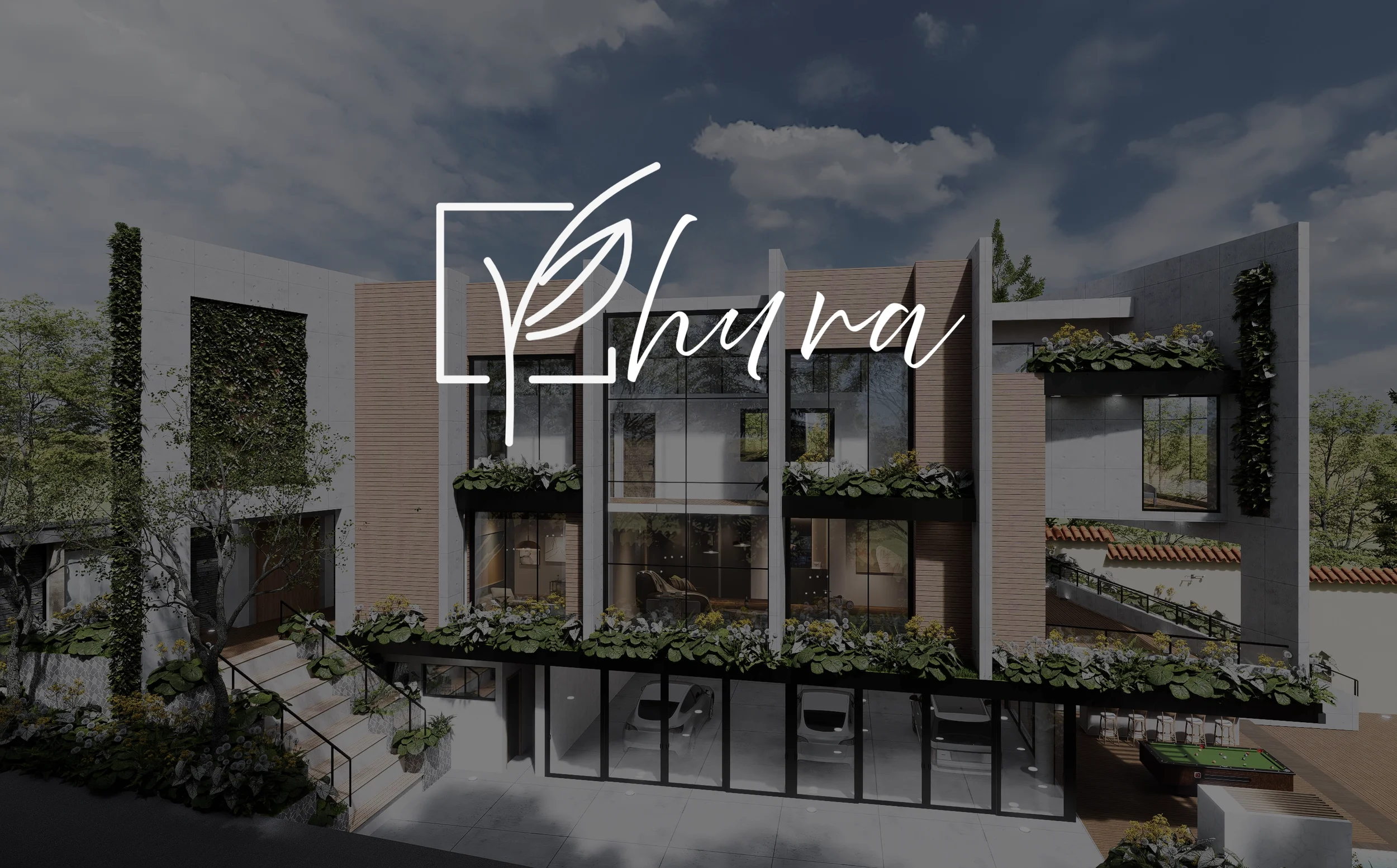 Renderizado arquitectónico de un edificio moderno de varios pisos con fachada de cristal y elementos de madera, rodeado de jardines y árboles, con un cartel que dice 'Yhura' con un diseño de hoja.