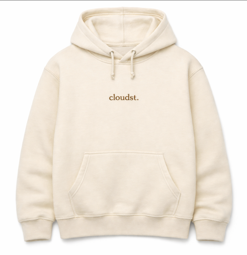 Cream-colored hooded sweatshirt with the word 'cloudst.' printed in brown on the chest.