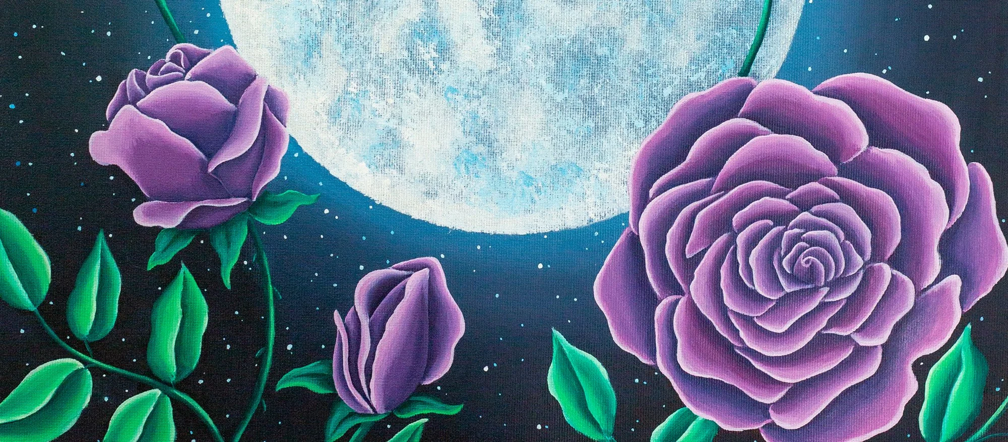A painting of purple roses and green leaves against a dark, starry background with a large, bright, full moon.