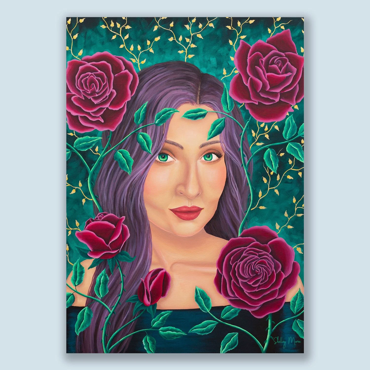 Acrylic painting of a woman with long purple hair and green eyes, surrounded by large pink roses and green vine leaves against a teal and gold patterned background.