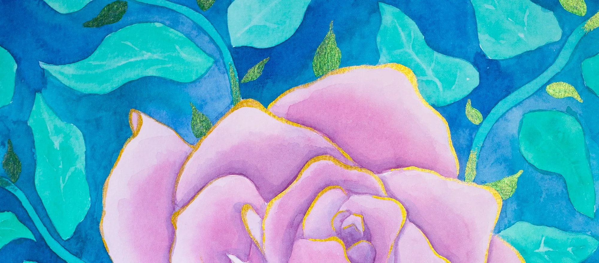 Watercolor painting of a pink rose with green leaves and a blue background.