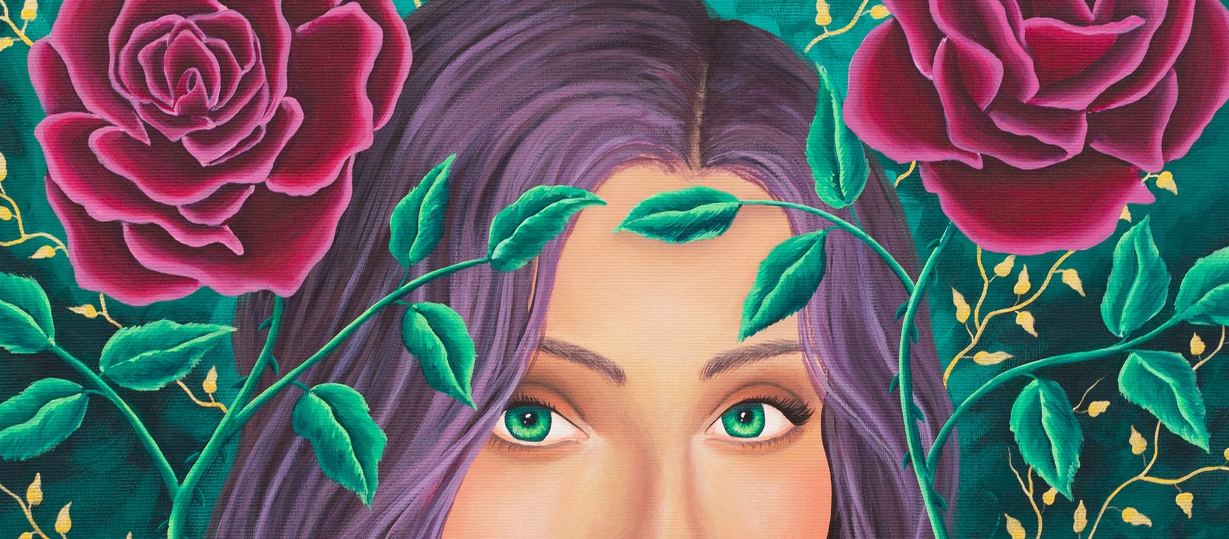 Artwork of a woman with purple hair and striking green eyes, surrounded by large pink roses and green leaves.
