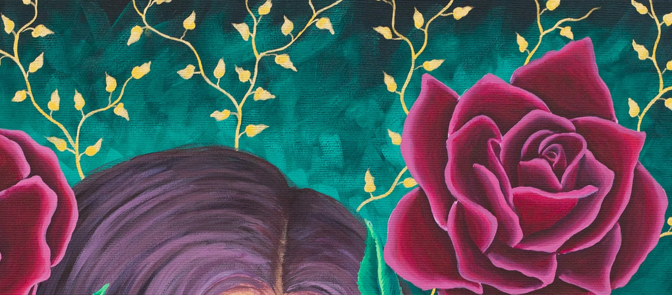 Close-up of a painting featuring a person with dark hair and large red roses against a green background with yellow vine patterns.