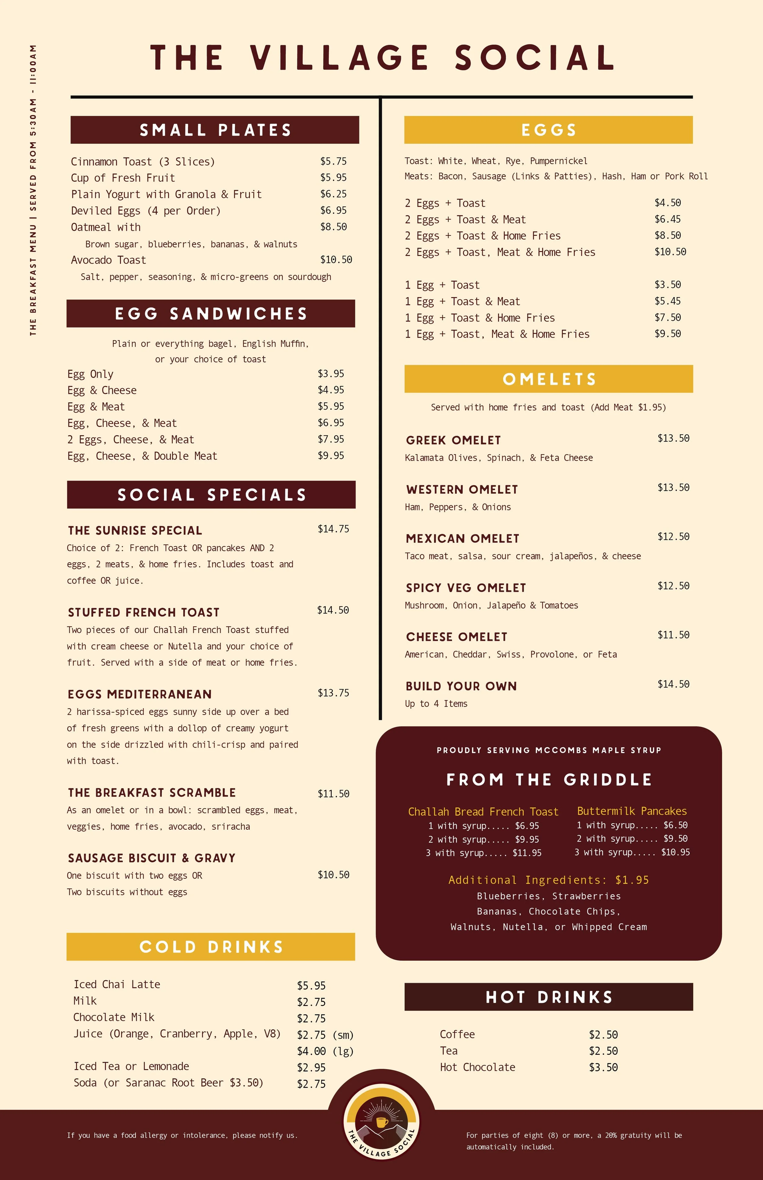 Menu for The Village Social with sections for small plates, egg sandwiches, social specials, cold drinks, eggs, omelets, build your own, from the griddle, and hot drinks, featuring prices and descriptions.