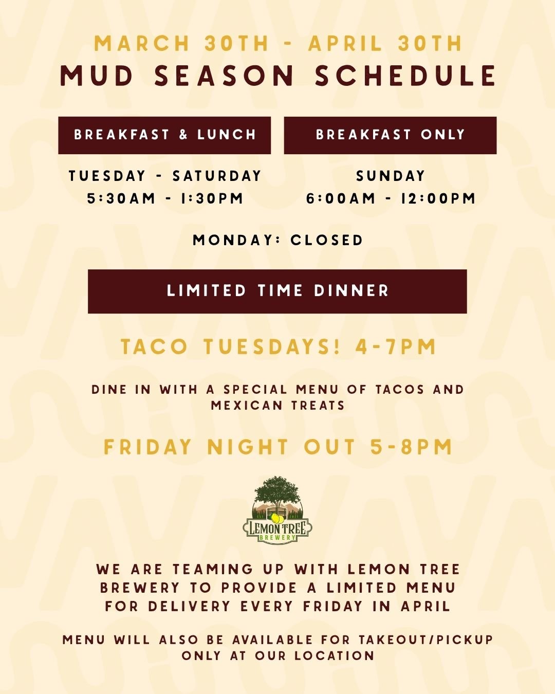 Mud Season Schedule at The Village Social Diner in Speculator NY