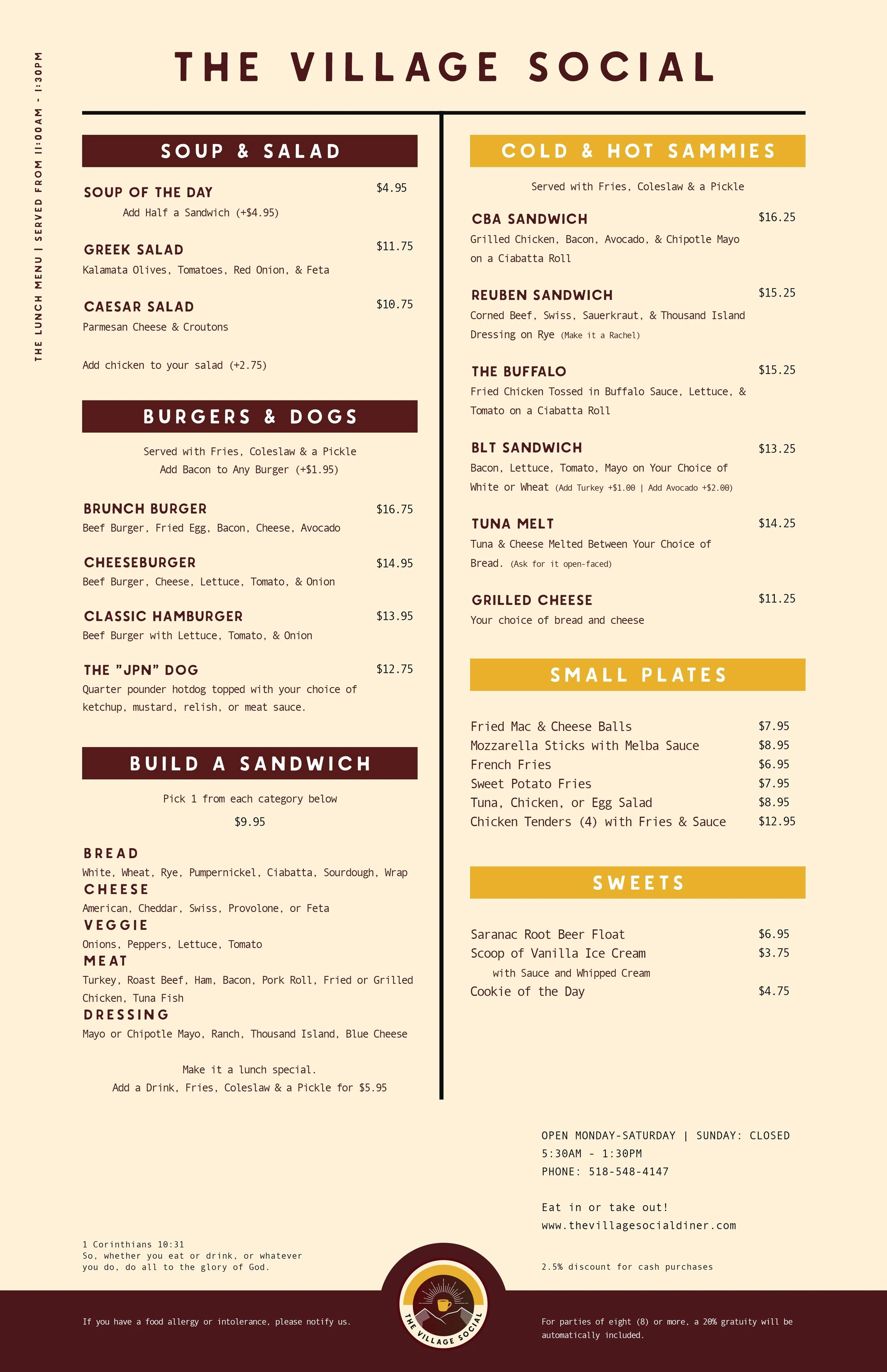 Menu from The Village Social featuring sections for Soup & Salad, Burgers & Dogs, Build a Sandwich, Cold & Hot Sammies, Small Plates, and Sweets with prices listed for each item.