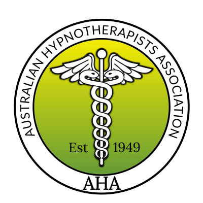 Logo of the Australian Hypnotherapists Association featuring a caduceus with wings on a green background, with text and 'AHA' and 'Est 1949'.