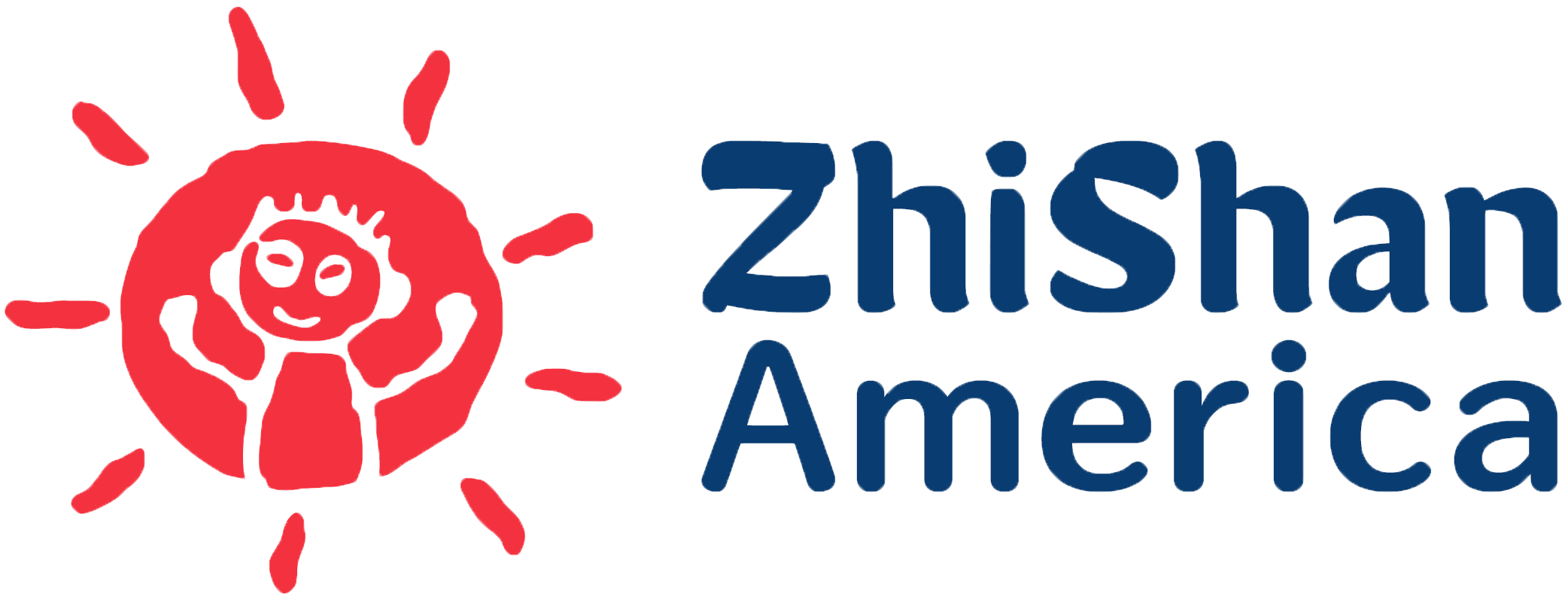 Logo with a red sun and a smiling face of a girl at the center, with red rays around it, and the words 'Zitshan America' in blue text to the right.